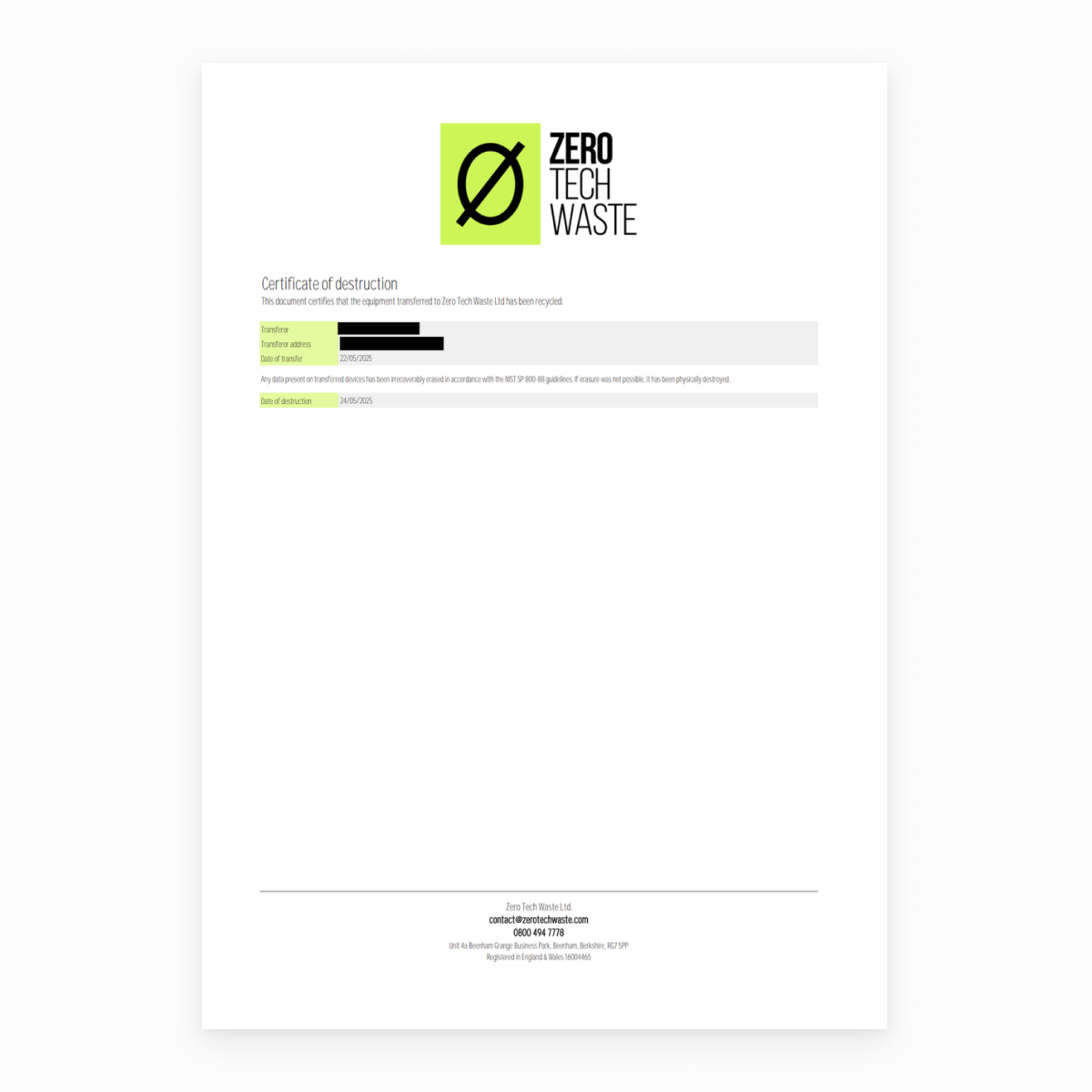 Example standard data destruction certificate