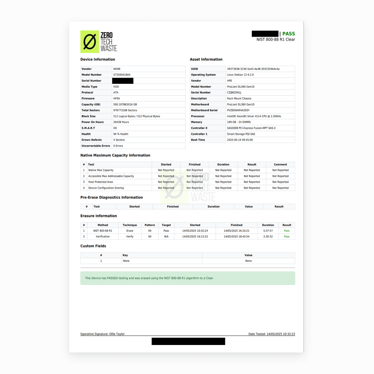 Example drive erasure report