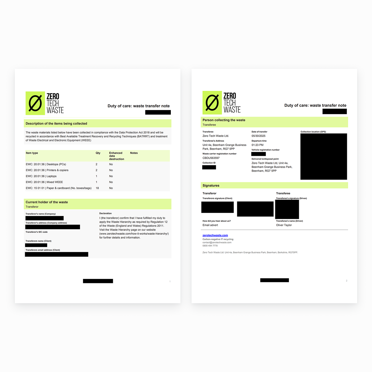 Example Waste Transfer Note (Duty of Care note)
